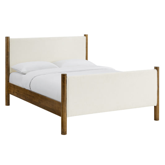 Maple Queen Upholstered Boucle Platform Bed, White & Walnut