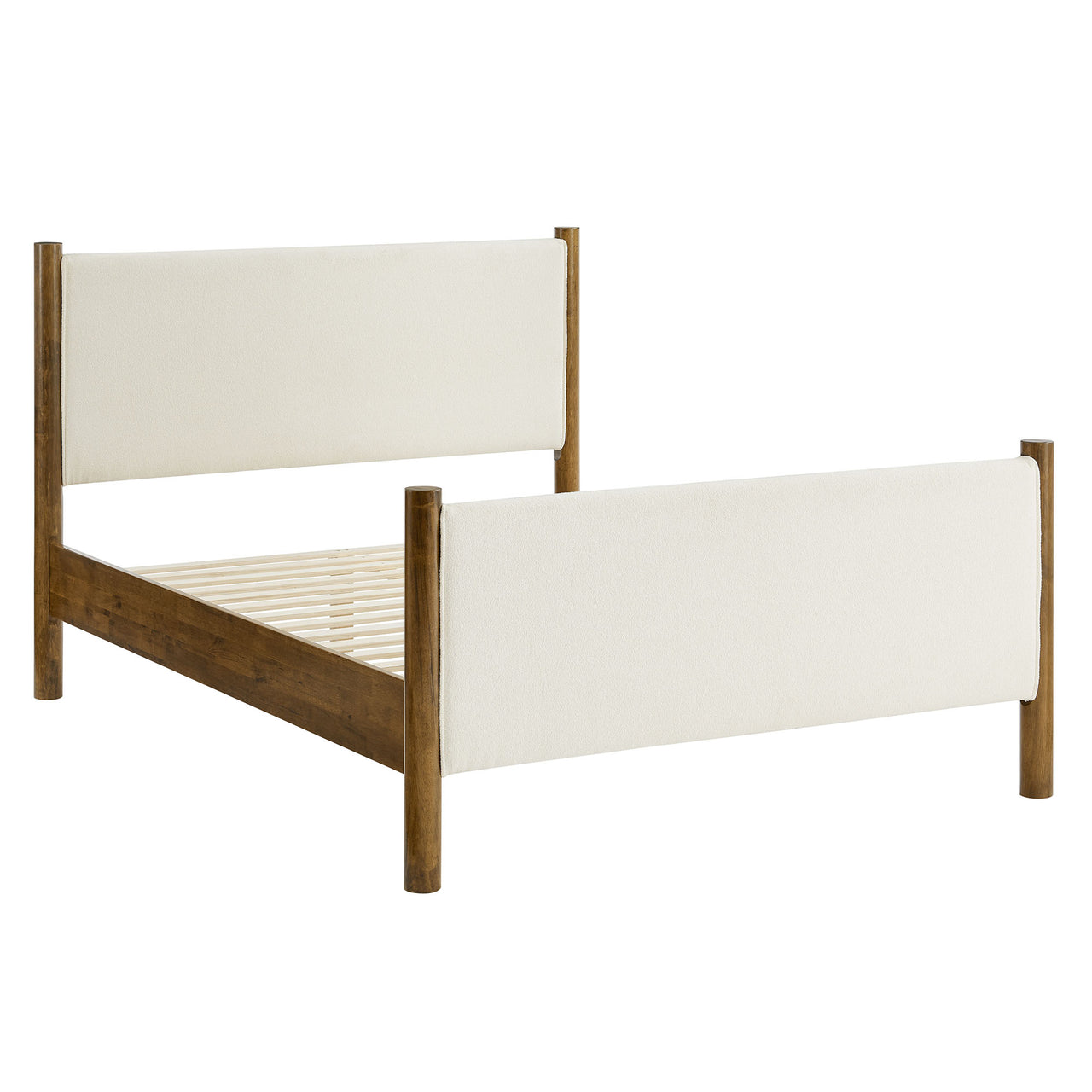 Maple Queen Upholstered Boucle Platform Bed, White & Walnut