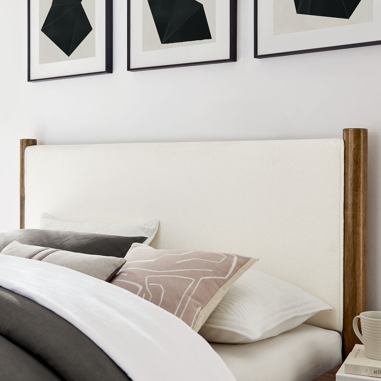 Maple Queen Upholstered Boucle Platform Bed, White & Walnut