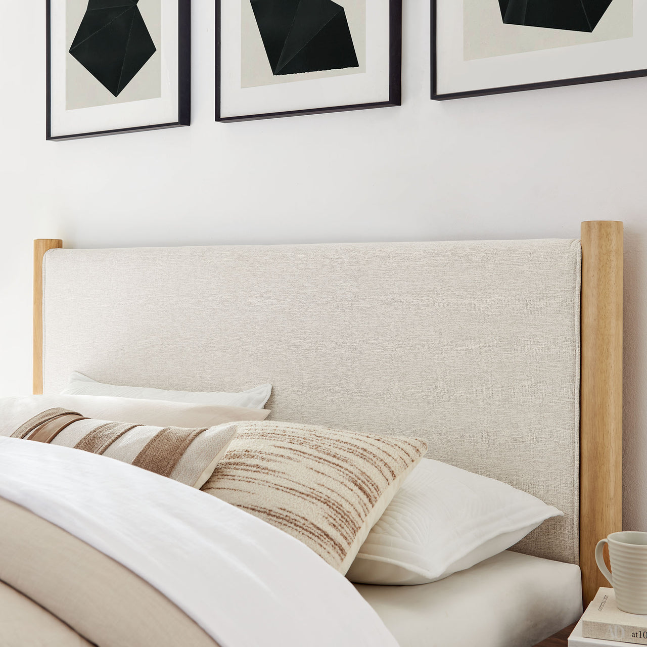 Maple King Upholstered Fabric Platform Bed, Ivory & Oak