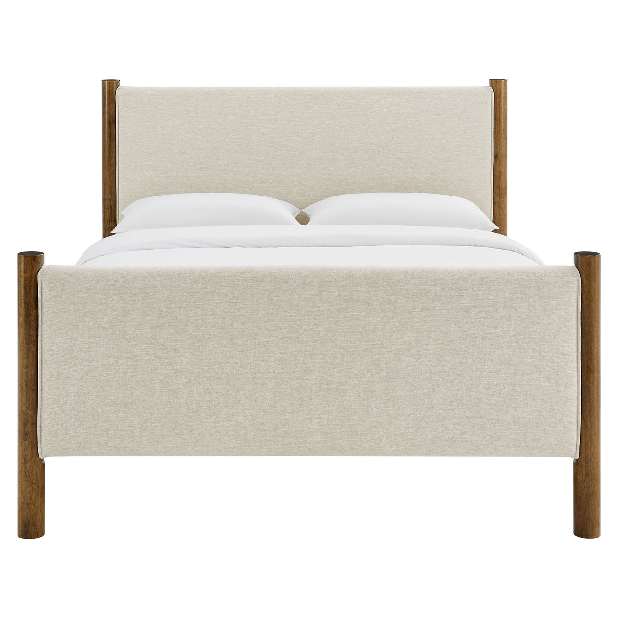 Maple King Upholstered Fabric Platform Bed, Ivory & Walnut