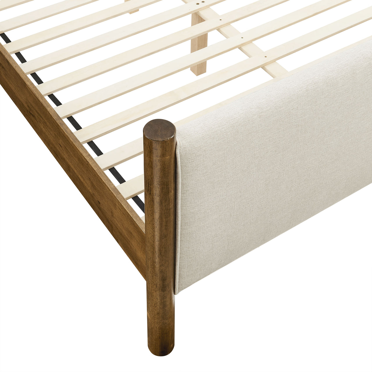 Maple King Upholstered Fabric Platform Bed, Ivory & Walnut
