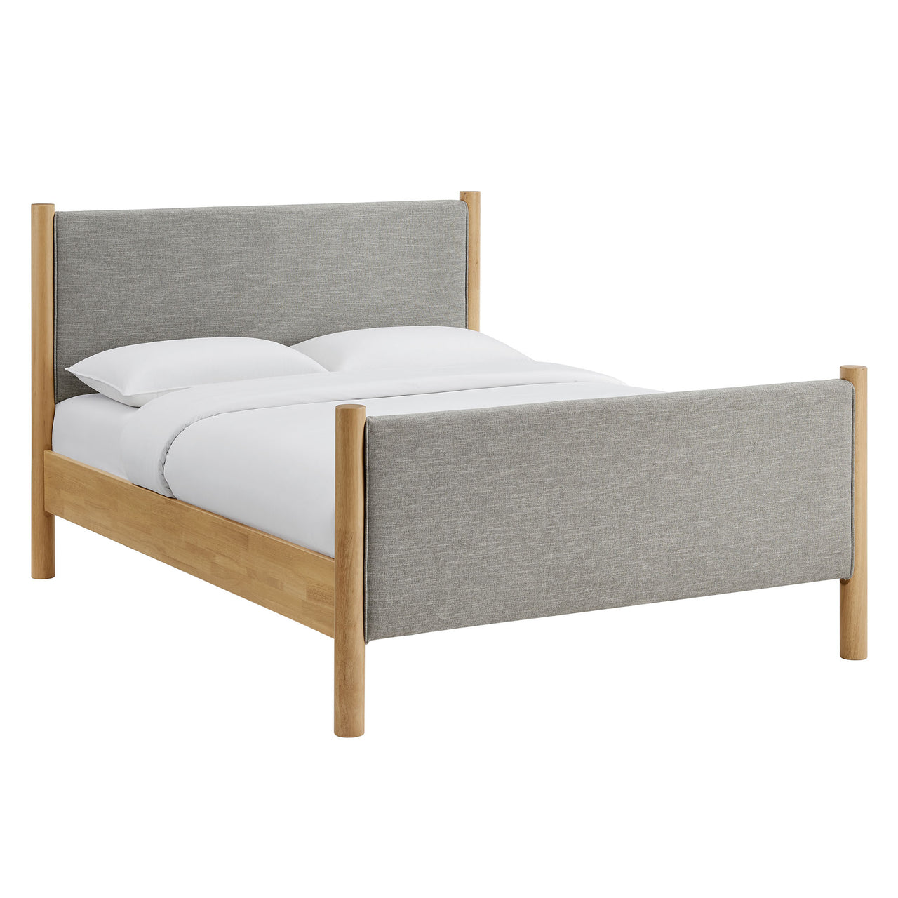 Maple King Upholstered Fabric Platform Bed, Light Gray & Oak