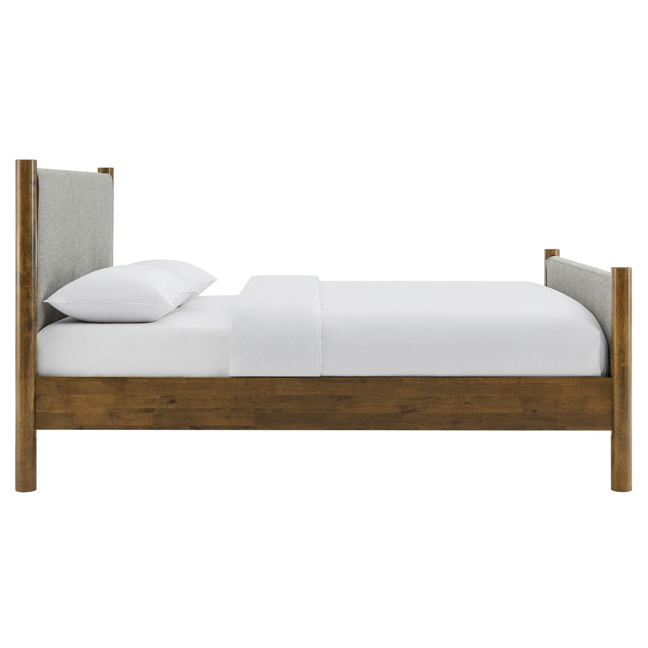 Maple King Upholstered Fabric Platform Bed, Light Gray & Walnut