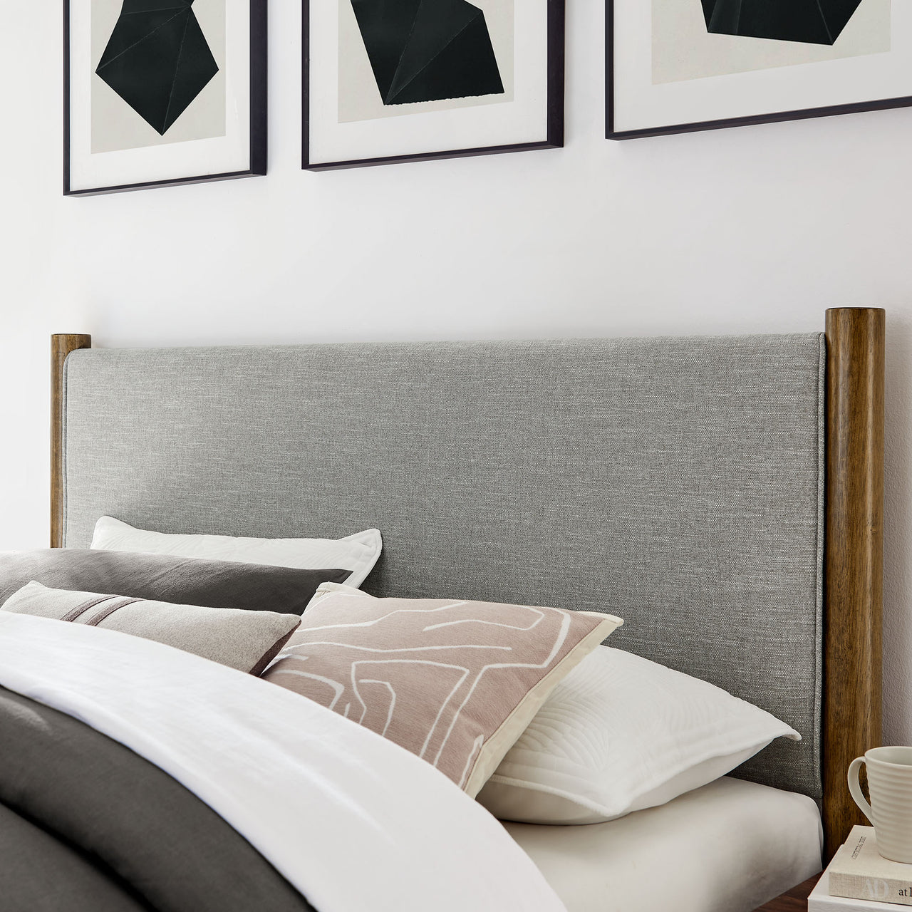 Maple King Upholstered Fabric Platform Bed, Light Gray & Walnut