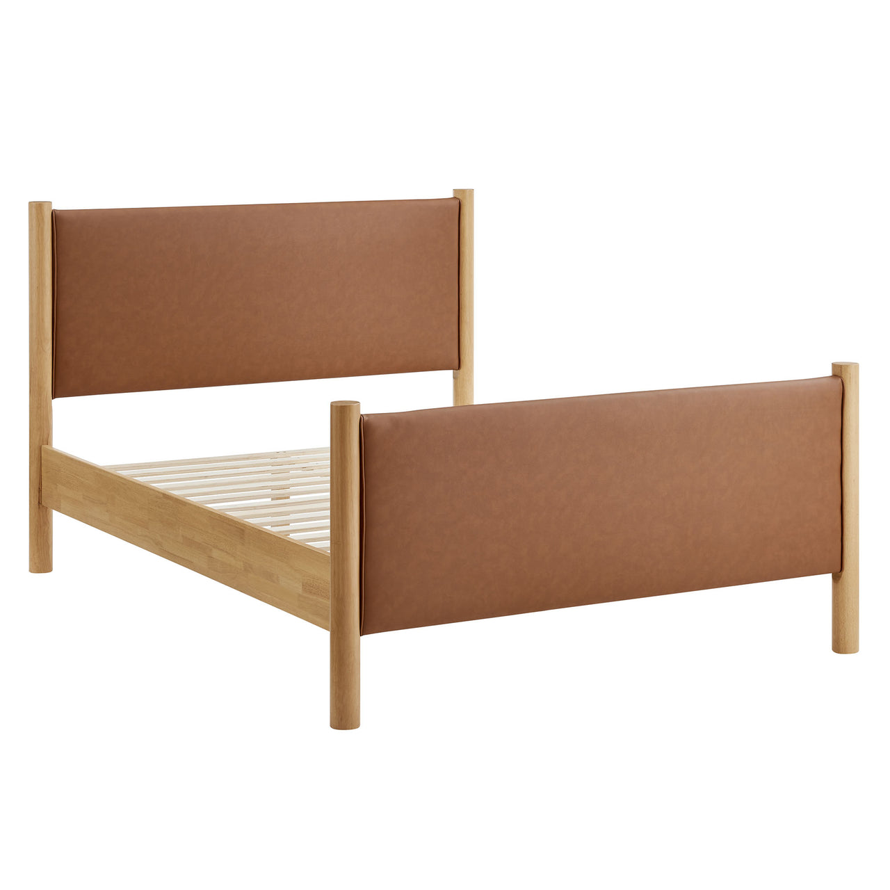 Maple King Upholstered Eco-Leather Platform Bed, Tan & Oak