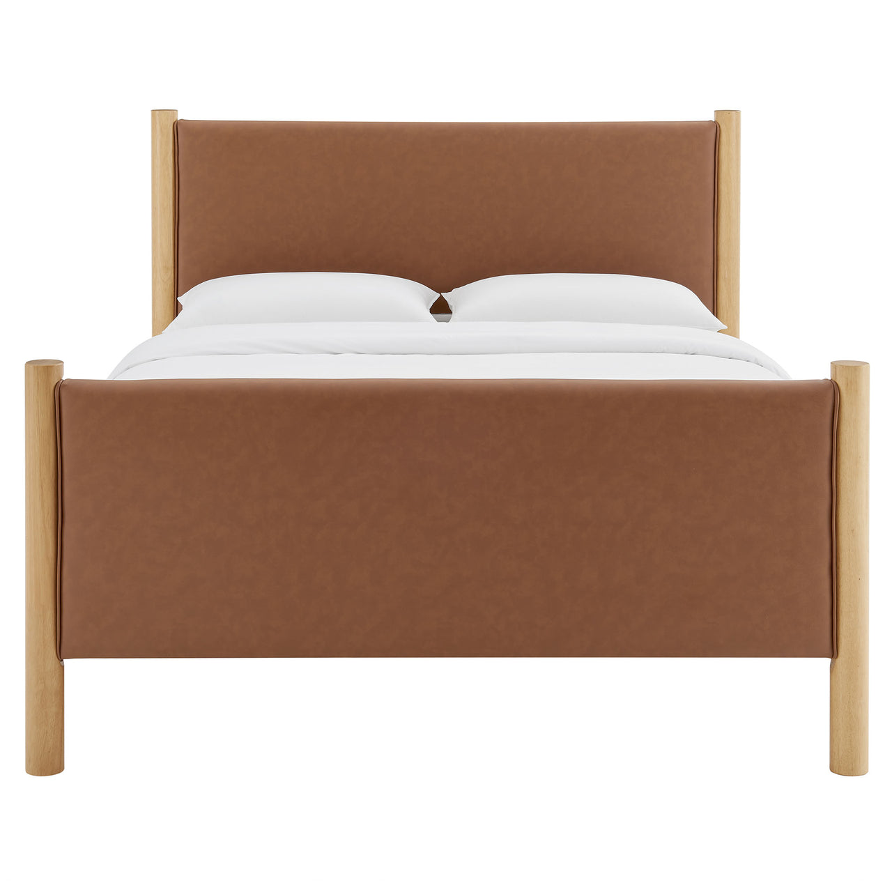Maple King Upholstered Eco-Leather Platform Bed, Tan & Oak