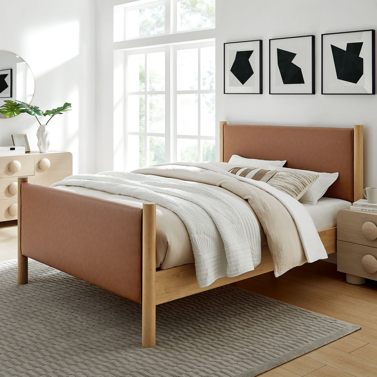 Maple King Upholstered Eco-Leather Platform Bed, Tan & Oak