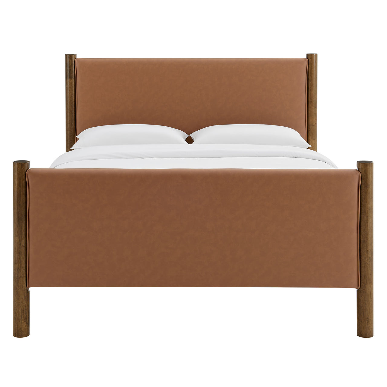 Maple King Upholstered Eco-Leather Platform Bed, Tan & Walnut