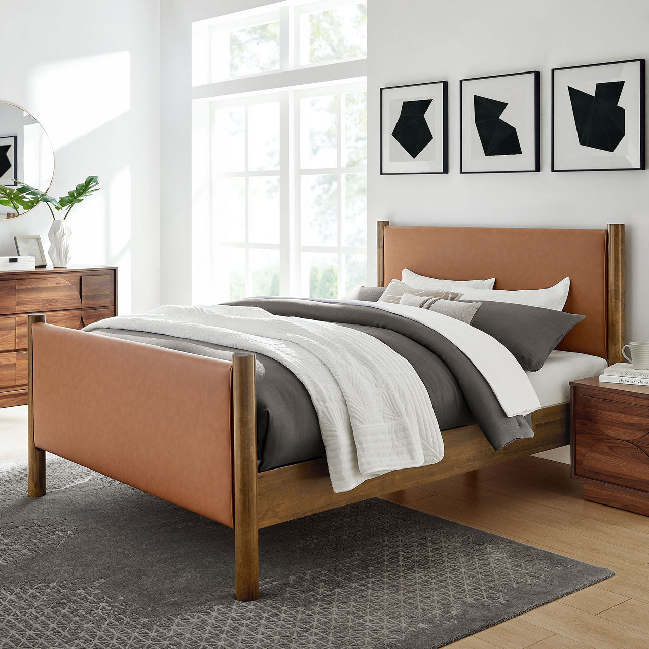 Maple King Upholstered Eco-Leather Platform Bed, Tan & Walnut