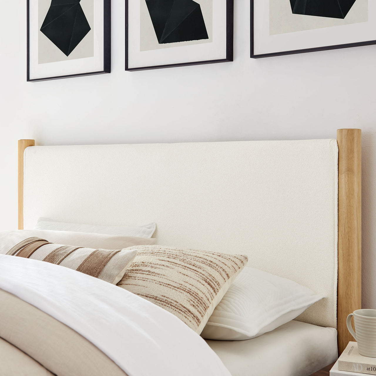 Maple King Upholstered Boucle Platform Bed, White & Oak