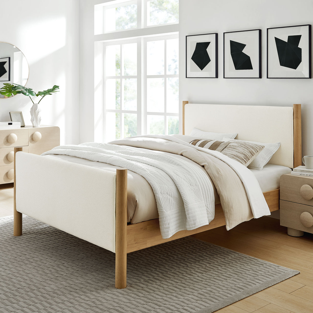 Maple King Upholstered Boucle Platform Bed, White & Oak