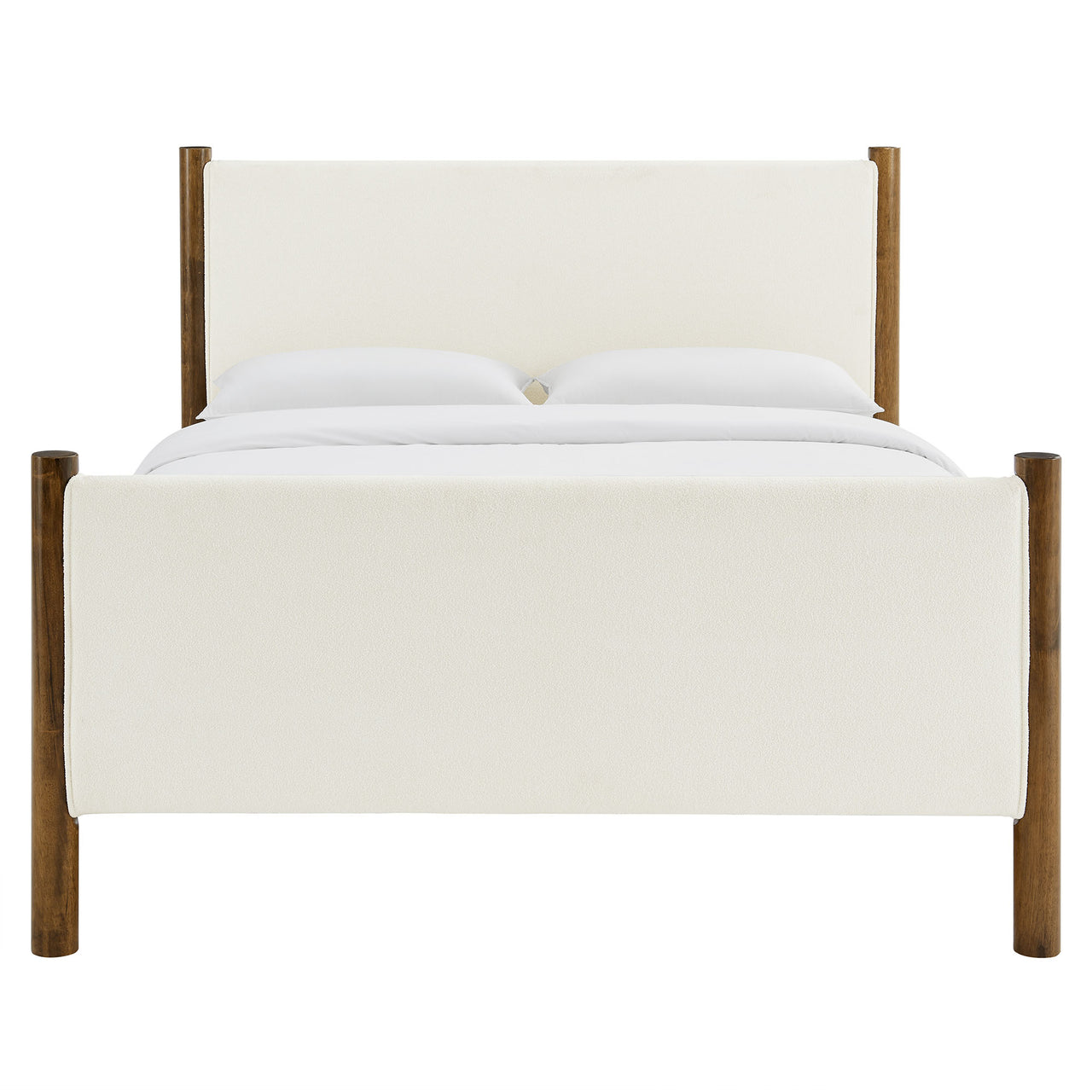 Maple King Upholstered Boucle Platform Bed, White & Walnut