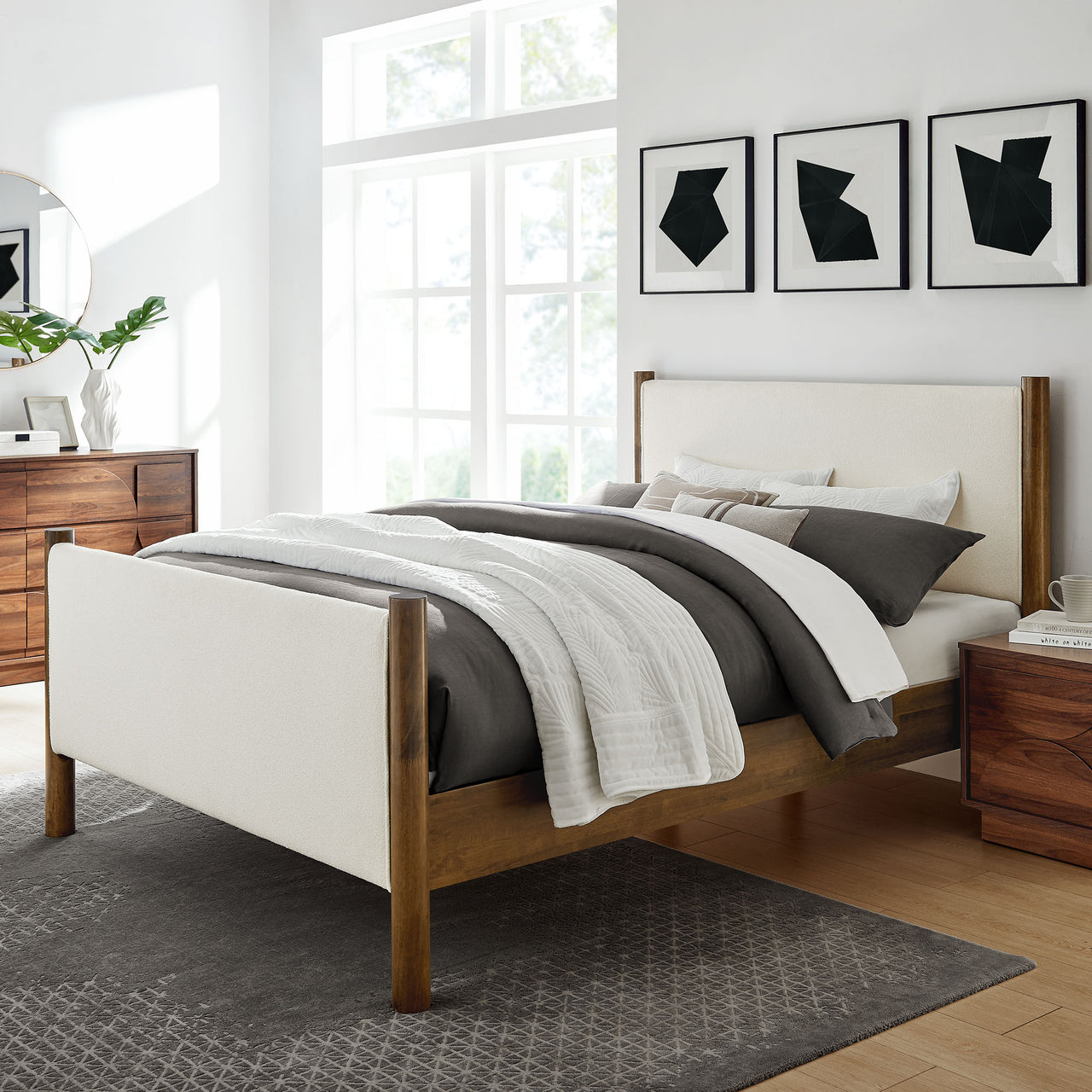 Maple King Upholstered Boucle Platform Bed, White & Walnut