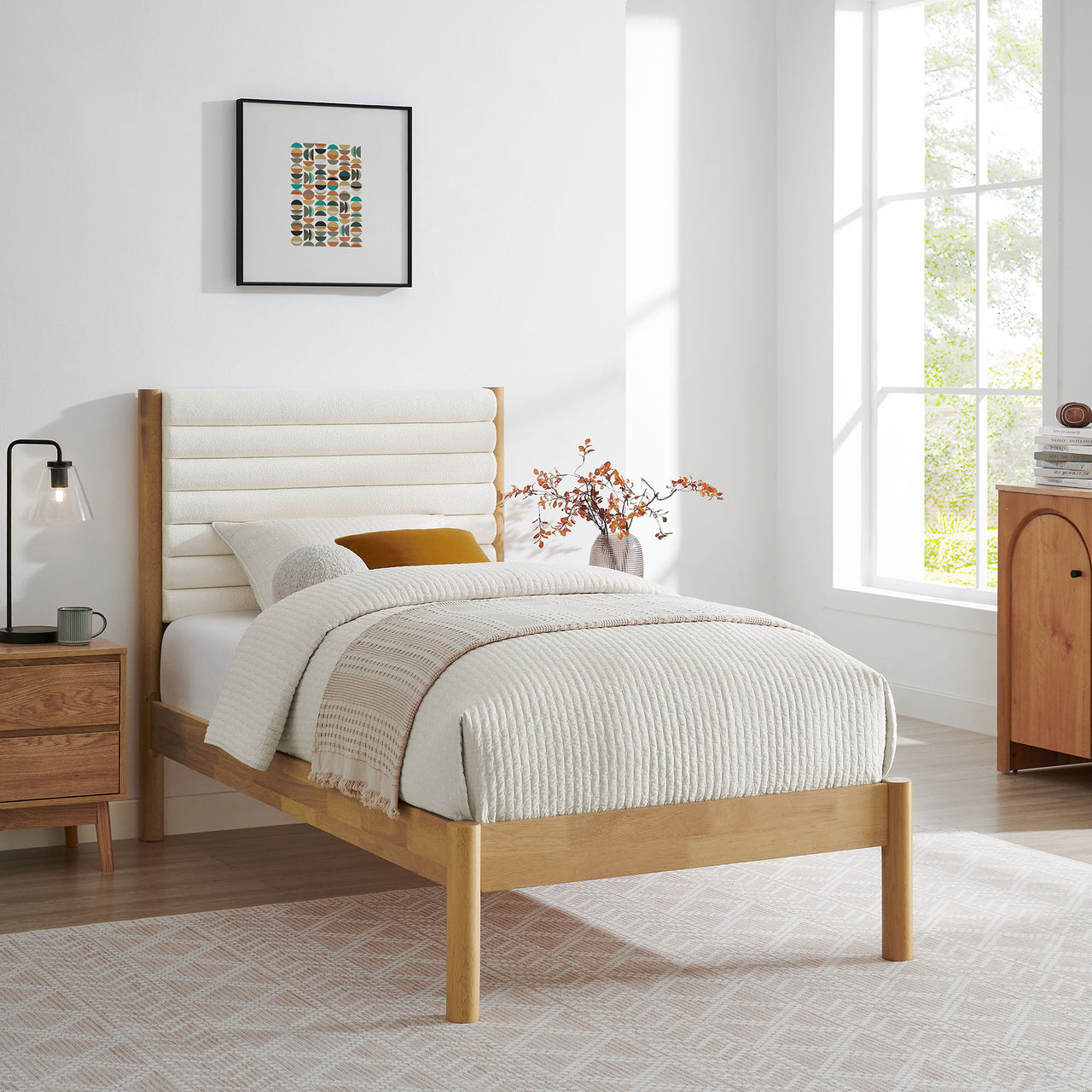 Surpass Upholstered Boucle Twin Platform Bed, White & Oak