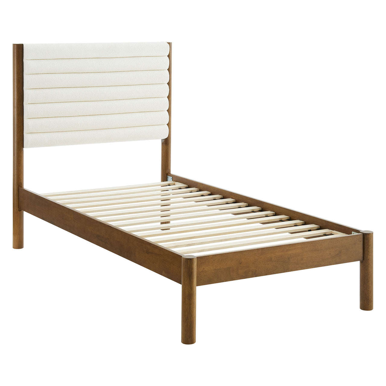 Surpass Upholstered Boucle Twin Platform Bed, White & Walnut