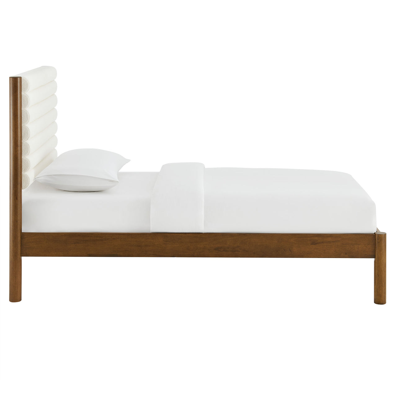 Surpass Upholstered Boucle Twin Platform Bed, White & Walnut