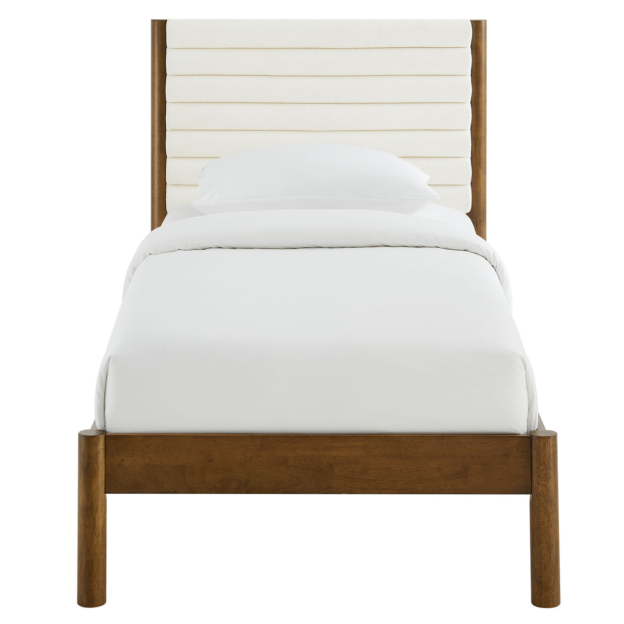 Surpass Upholstered Boucle Twin Platform Bed, White & Walnut