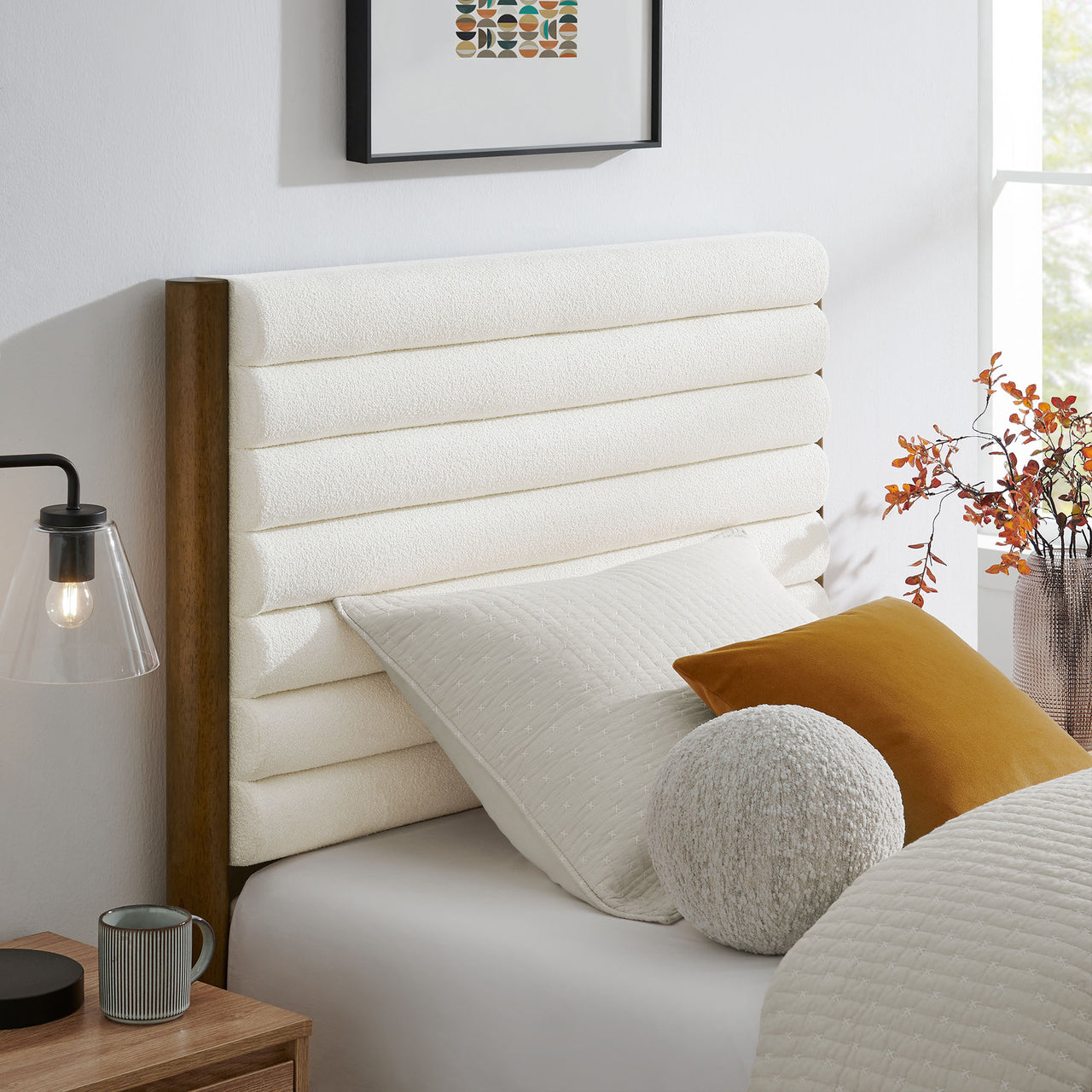 Surpass Upholstered Boucle Twin Platform Bed, White & Walnut