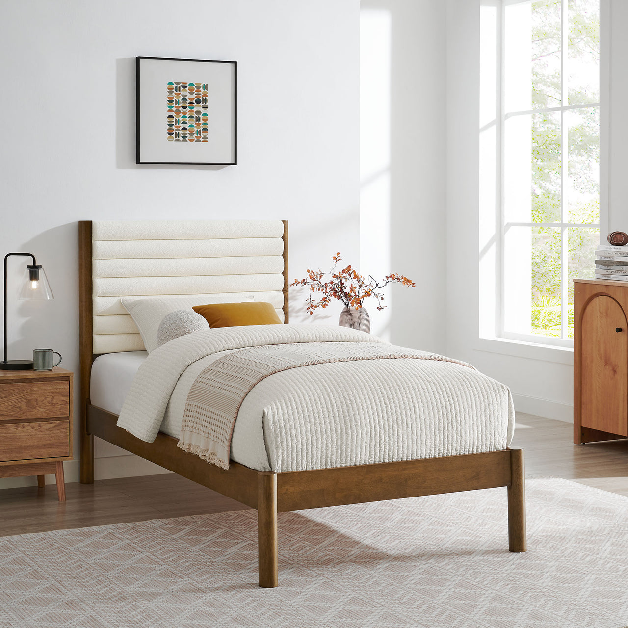 Surpass Upholstered Boucle Twin Platform Bed, White & Walnut