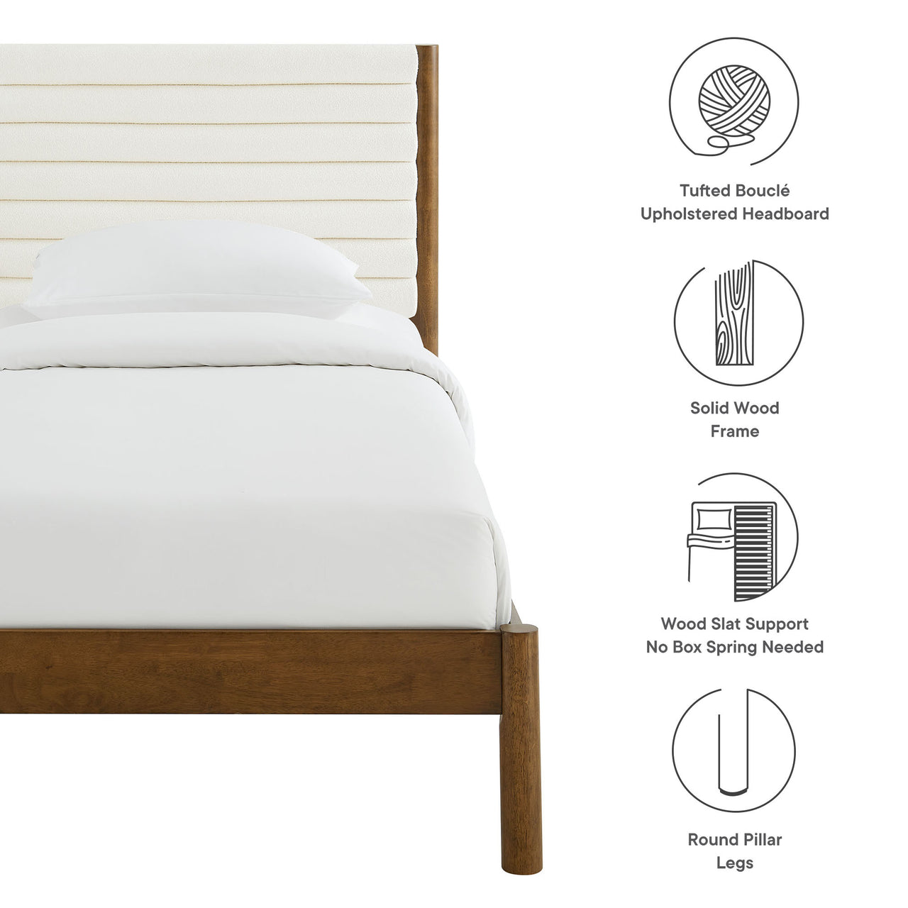 Surpass Upholstered Boucle Twin Platform Bed, White & Walnut