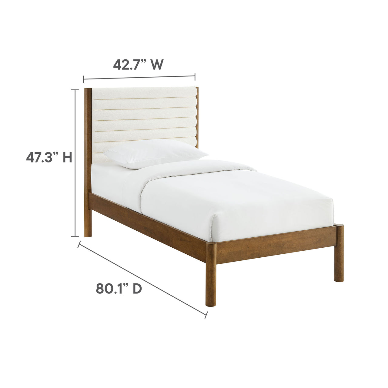 Surpass Upholstered Boucle Twin Platform Bed, White & Walnut