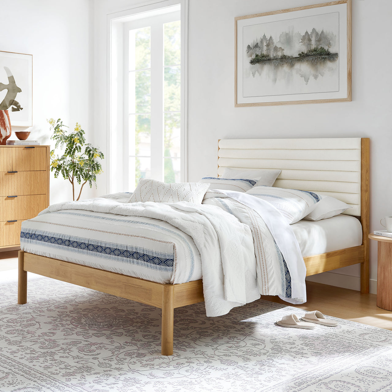 Surpass Upholstered Boucle Full Platform Bed, White & Oak
