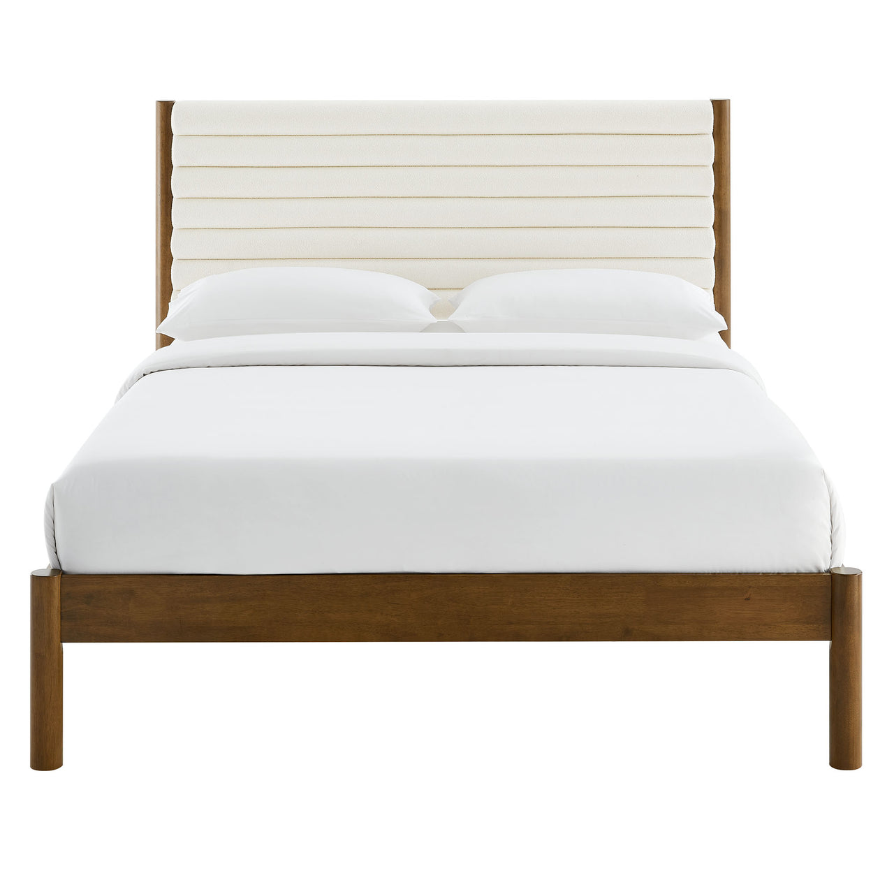 Surpass Upholstered Boucle Full Platform Bed, White & Walnut
