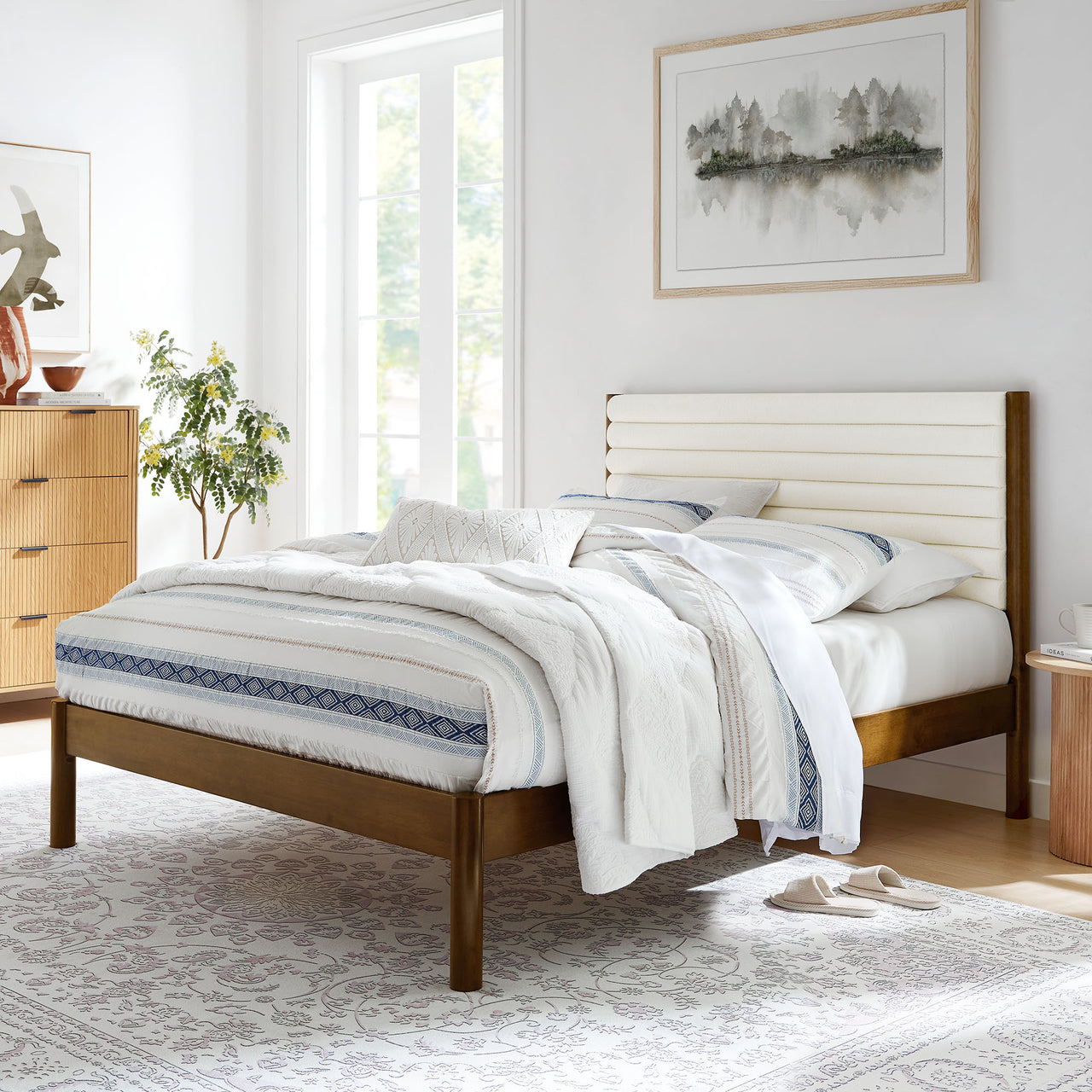 Surpass Upholstered Boucle Full Platform Bed, White & Walnut