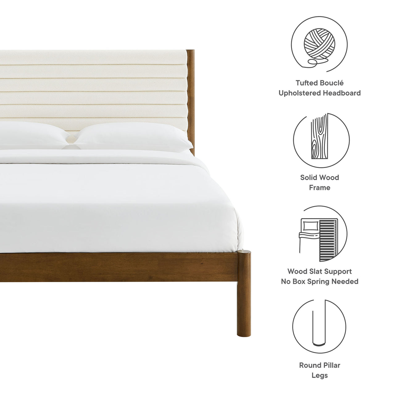 Surpass Upholstered Boucle Full Platform Bed, White & Walnut