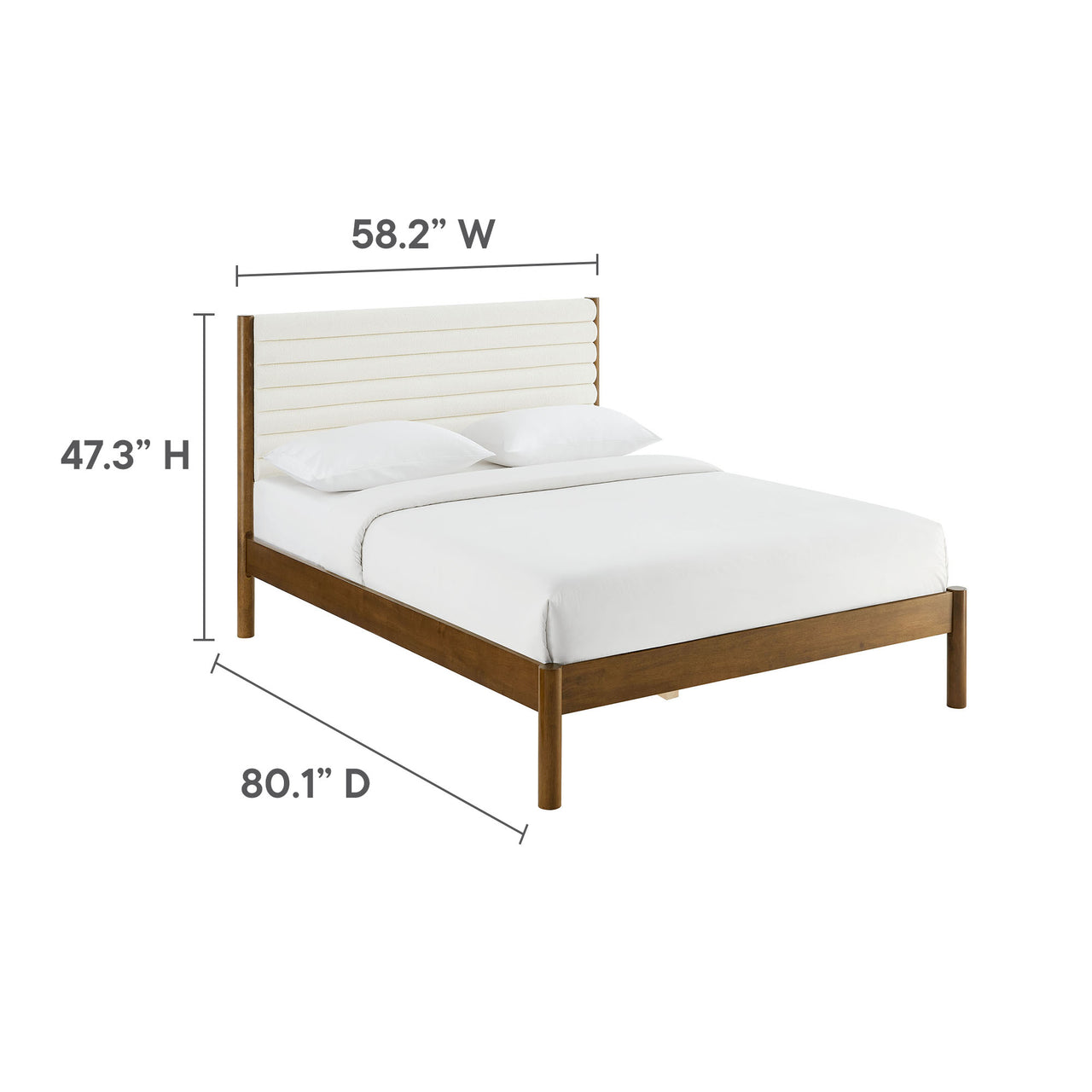 Surpass Upholstered Boucle Full Platform Bed, White & Walnut