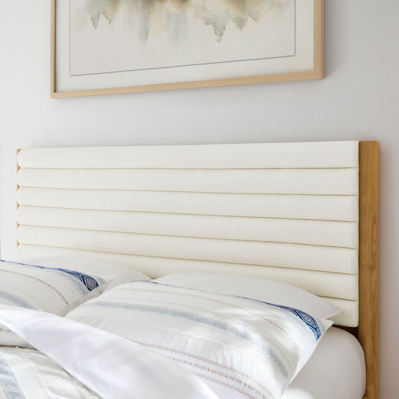 Surpass Upholstered Boucle Queen Platform Bed, White & Oak