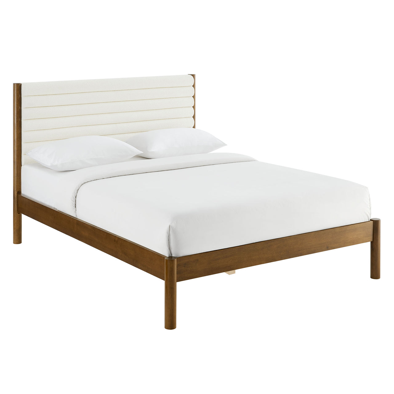 Surpass Upholstered Boucle Queen Platform Bed, White & Walnut