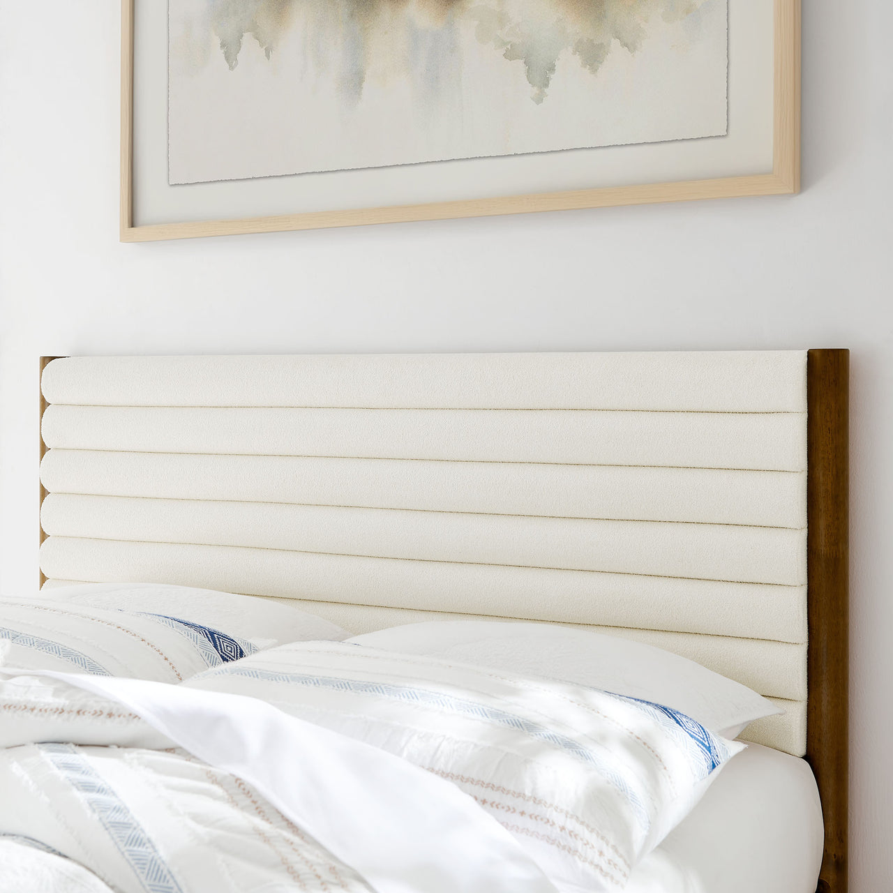 Surpass Upholstered Boucle King Platform Bed, White & Walnut