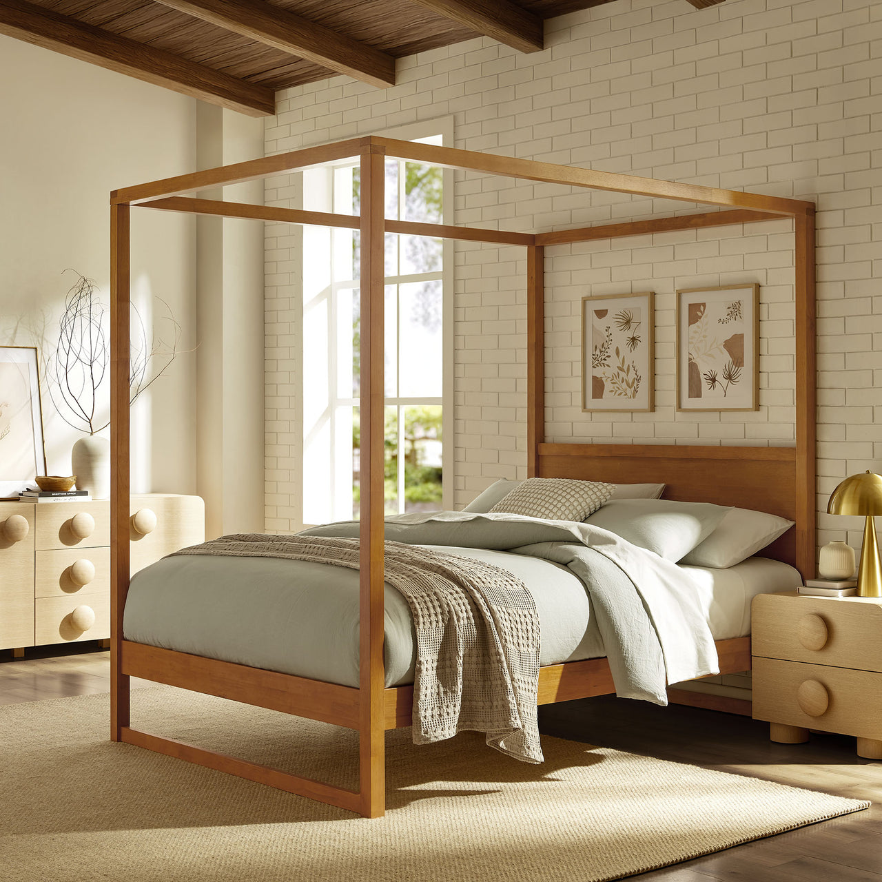 Encase Queen Canopy Platform Bed, Oak