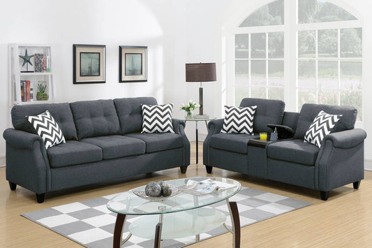 Hillary 2-Piece Sofa and Loveseat Set w/ USB Console, Slate Linenette