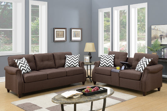 Hillary 2-Piece Sofa and Loveseat Set w/ USB Console, Chocolate Linenette