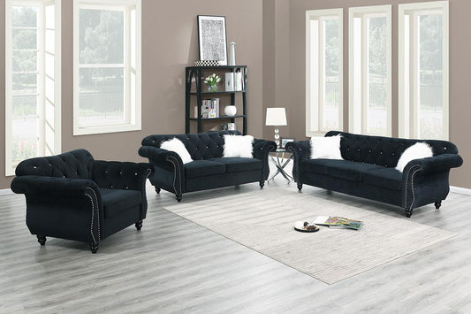 Crystal 3-Piece Sofa, Loveseat and Accent Chair Set, Black Velvet