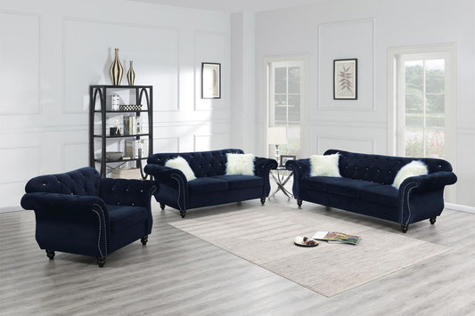 Crystal 3-Piece Sofa, Loveseat and Accent Chair Set, Indigo Velvet