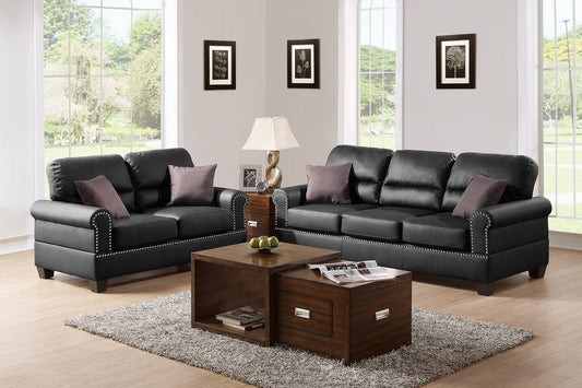 Paula 2-Piece Sofa and Loveseat Set, Black Faux Leather