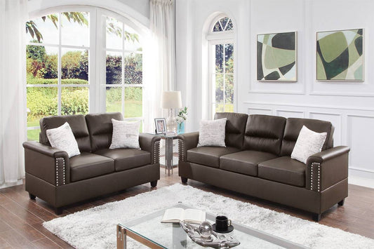 Kelly 2-Piece Sofa and Loveseat Set, Dark Brown Faux Leather