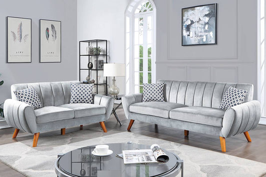 Kenneth 2-Piece Sofa and Loveseat Set, Silver Velvet