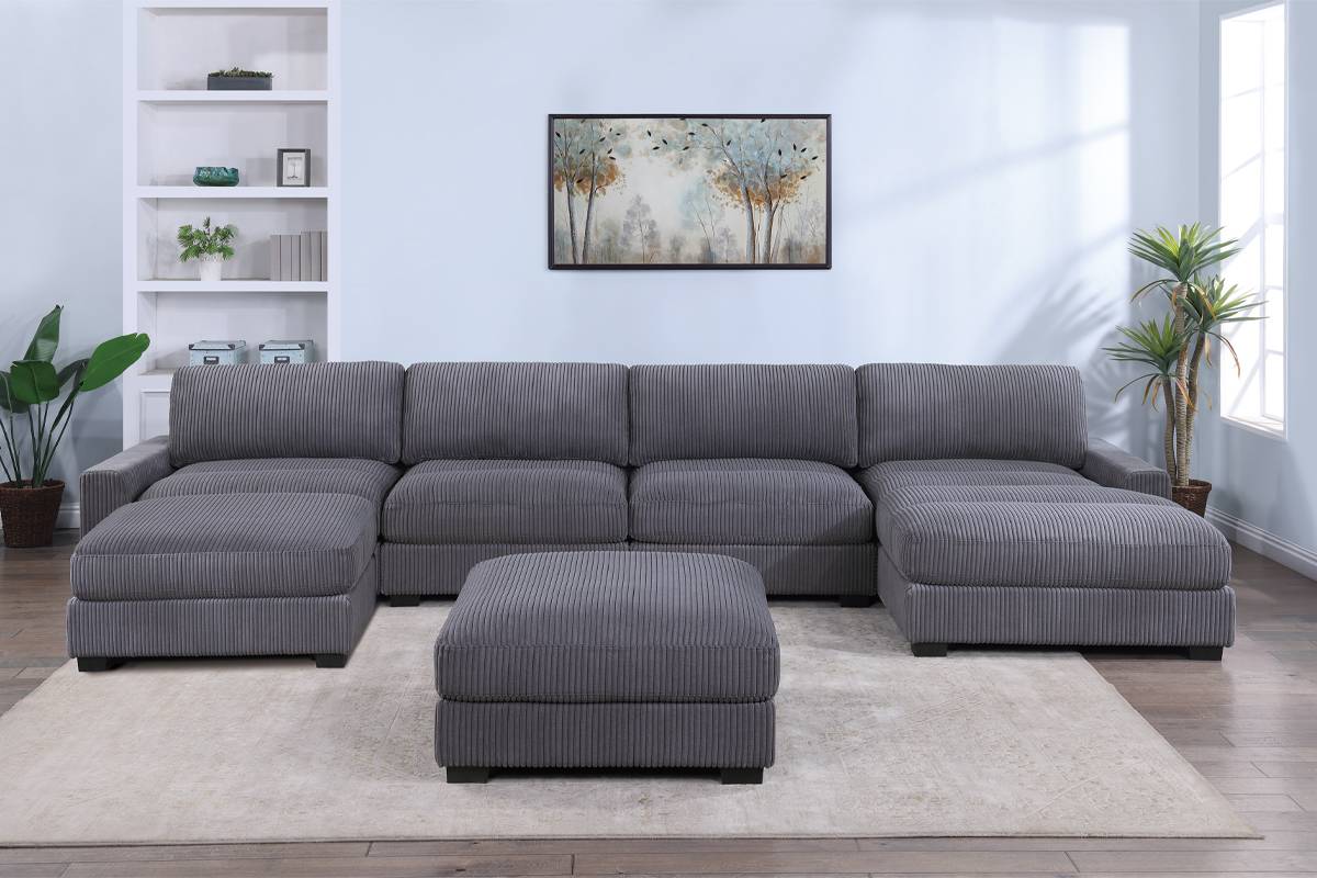 Winston 6-Piece U-Shaped Modular Sectional w/ Ottoman, Dark Gray Corduroy