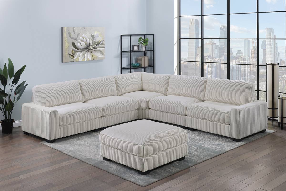 Winston 6-Piece Corner Modular Sectional w/ Ottoman, Ivory Corduroy