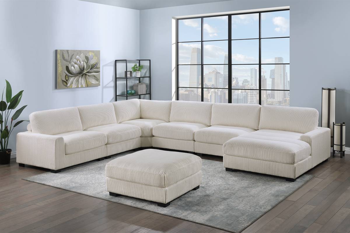 Winston 7-Piece Left-Facing Modular Sectional w/ Ottoman, Ivory Corduroy