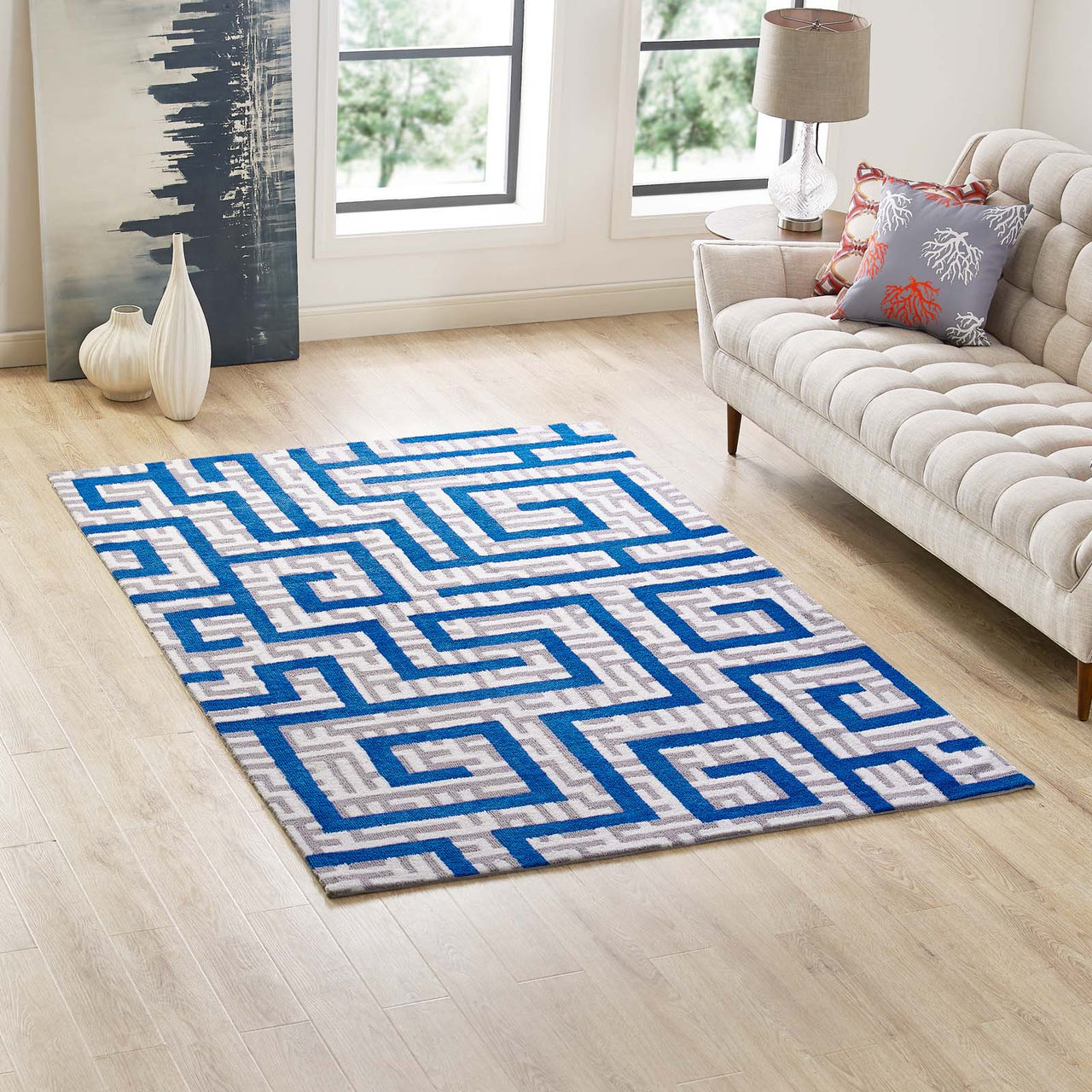 Meander 5x8 Area Rug, Ivory & Blue