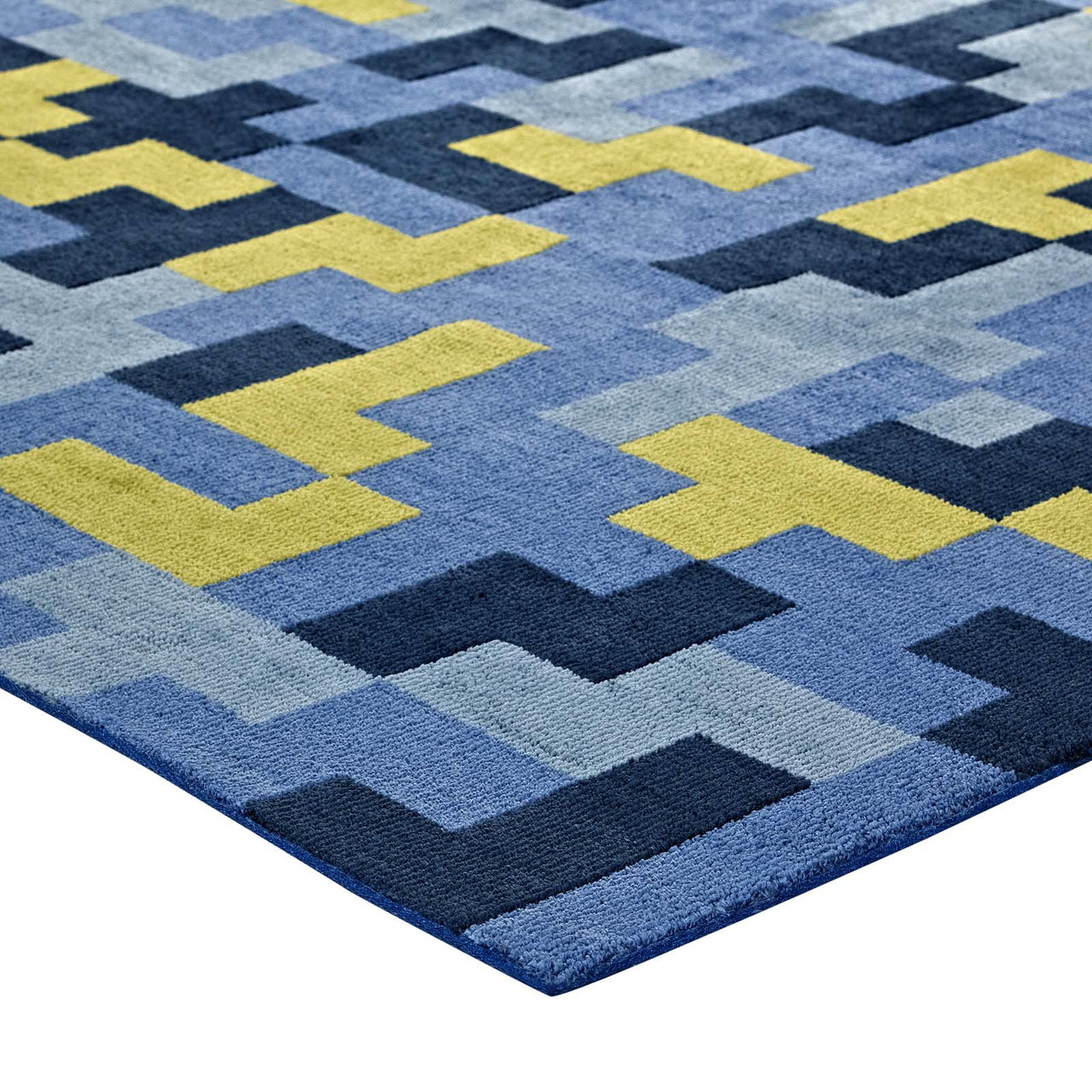 8-Bit Puzzle 8x10 Area Rug, Blue & Olive Green