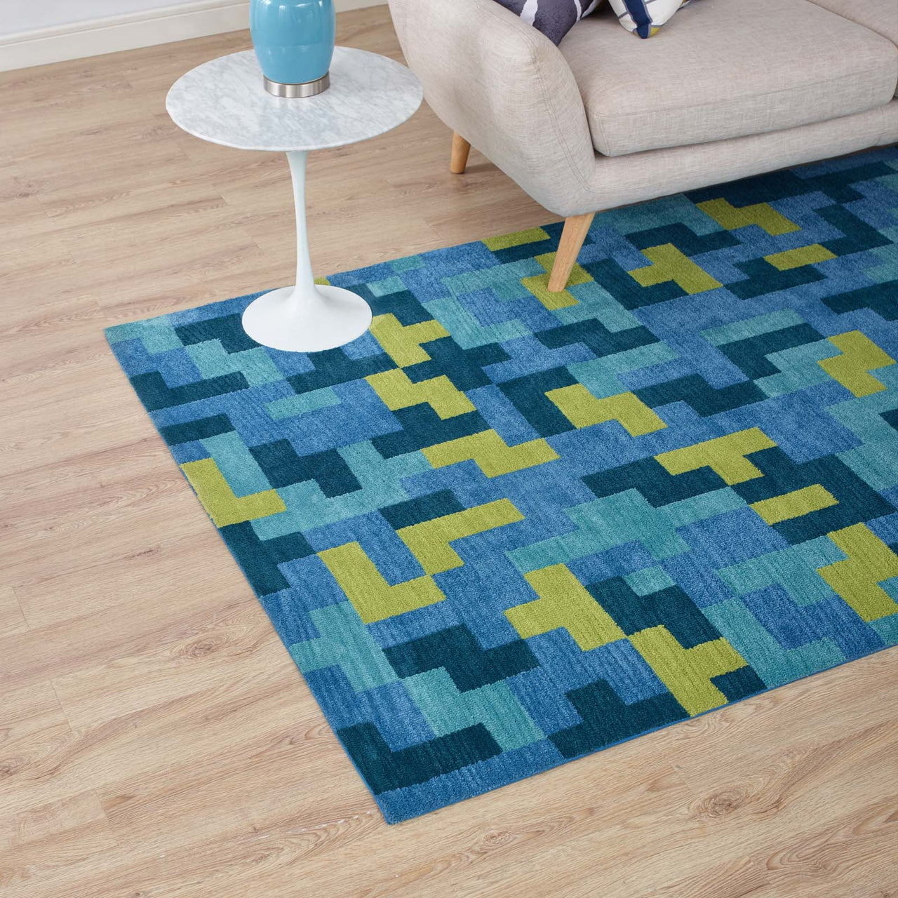 8-Bit Puzzle 8x10 Area Rug, Blue & Olive Green