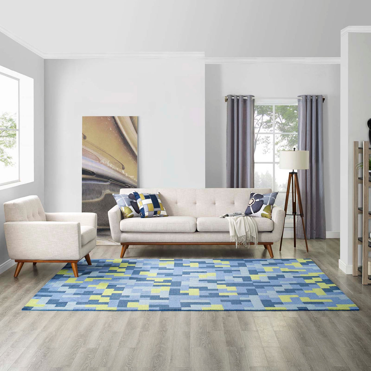 8-Bit Puzzle 8x10 Area Rug, Blue & Olive Green
