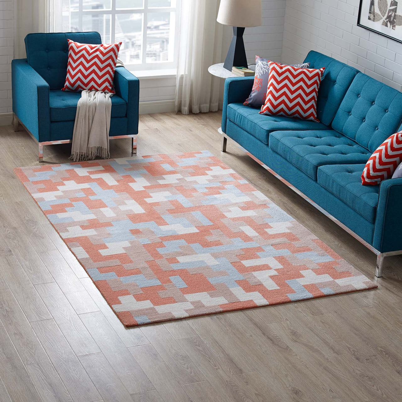 8-Bit Puzzle 5x8 Area Rug, Orange & Light Blue